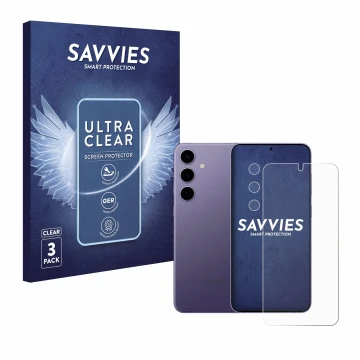 Face avant d’un emballage produit avec le logo de la marque Savvies. À côté, l’appareil Samsung Galaxy S24 (Avant+Caméra) est 