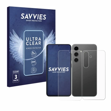 Face avant d’un emballage produit avec le logo de la marque Savvies. À côté, l’appareil Samsung Galaxy S24 (Avant+Arrière) est