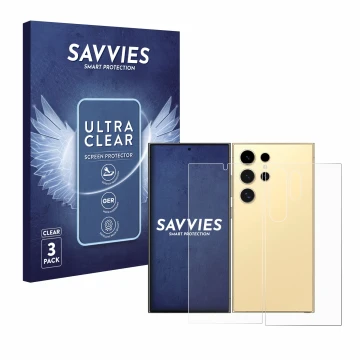 Face avant d’un emballage produit avec le logo de la marque Savvies. À côté, l’appareil Samsung Galaxy S24 Ultra (case-friendl
