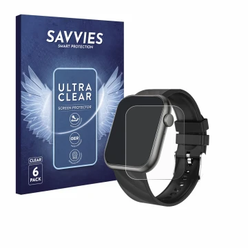 Face avant d’un emballage produit avec le logo de la marque Savvies. À côté, l’appareil walkbee Smartwatch 1.96