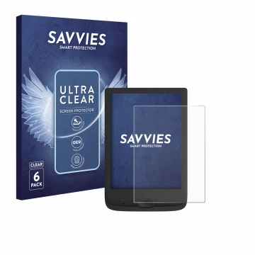 Face avant d’un emballage produit avec le logo de la marque Savvies. À côté, l’appareil PocketBook Basic Lux 4 est représenté 