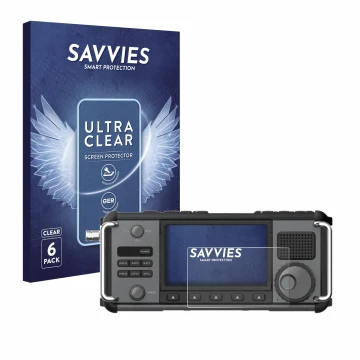 Face avant d’un emballage produit avec le logo de la marque Savvies. À côté, l’appareil Xiegu X6200 est représenté avec la pro