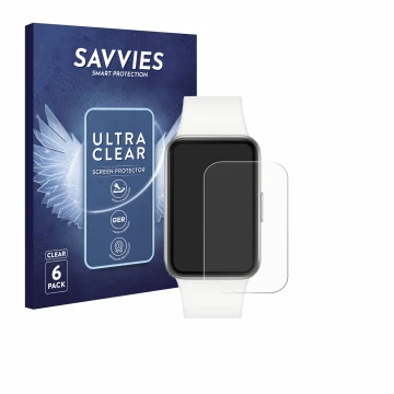 Face avant d’un emballage produit avec le logo de la marque Savvies. À côté, l’appareil Samsung Galaxy Fit3 est représenté ave