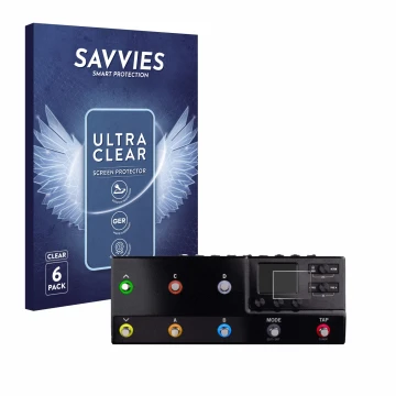 Face avant d’un emballage produit avec le logo de la marque Savvies. À côté, l’appareil Line 6 hx stomp XL est représenté avec