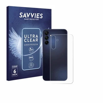 Face avant d’un emballage produit avec le logo de la marque Savvies. À côté, l’appareil Samsung Galaxy A15 5G (Arrière) est re