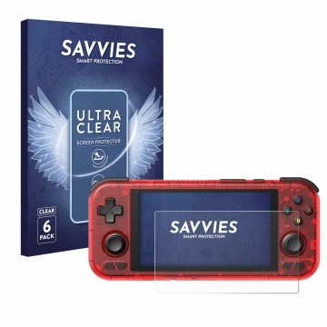 Face avant d’un emballage produit avec le logo de la marque Savvies. À côté, l’appareil Retroid Pocket 4 Pro est représenté av