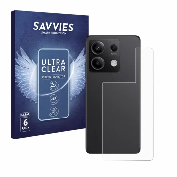 Face avant d’un emballage produit avec le logo de la marque Savvies. À côté, l’appareil Xiaomi Redmi Note 13 Pro 5G (Arrière) 