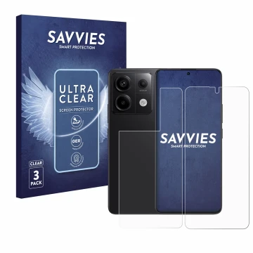 Face avant d’un emballage produit avec le logo de la marque Savvies. À côté, l’appareil Xiaomi Redmi Note 13 Pro 5G (Avant+Arr