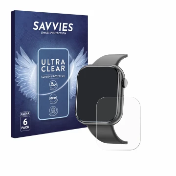 Face avant d’un emballage produit avec le logo de la marque Savvies. À côté, l’appareil Mingtawn Smartwatch 1.85