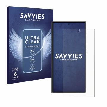 Face avant d’un emballage produit avec le logo de la marque Savvies. À côté, l’appareil Samsung Galaxy S24 Ultra est représent
