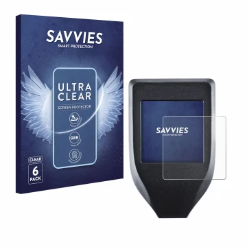 Face avant d’un emballage produit avec le logo de la marque Savvies. À côté, l’appareil Trezor Model T est représenté avec la 