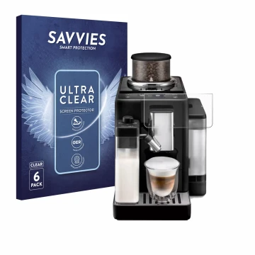 Face avant d’un emballage produit avec le logo de la marque Savvies. À côté, l’appareil DeLonghi Rivelia est représenté avec l
