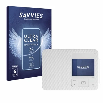 Face avant d’un emballage produit avec le logo de la marque Savvies. À côté, l’appareil Canon Selphy CP1500 est représenté ave