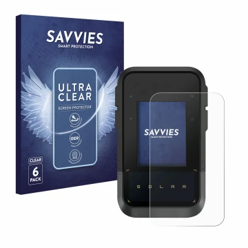 Face avant d’un emballage produit avec le logo de la marque Savvies. À côté, l’appareil Garmin eTrex Solar est représenté avec