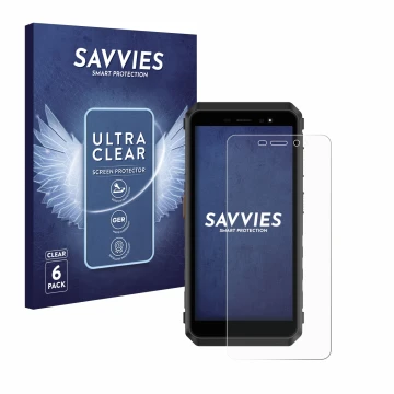 Face avant d’un emballage produit avec le logo de la marque Savvies. À côté, l’appareil Ulefone Power Armor X11 Pro est représ