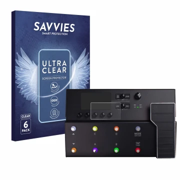 Face avant d’un emballage produit avec le logo de la marque Savvies. À côté, l’appareil Line 6 POD Go est représenté avec la p