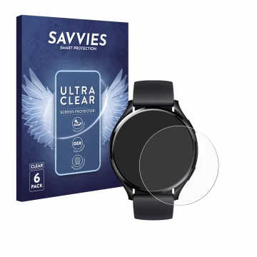 Face avant d’un emballage produit avec le logo de la marque Savvies. À côté, l’appareil Xiaomi Watch 2 est représenté avec la 