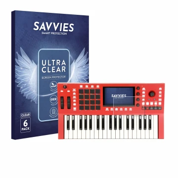 Face avant d’un emballage produit avec le logo de la marque Savvies. À côté, l’appareil Akai Professional MPC Key 37 est repré
