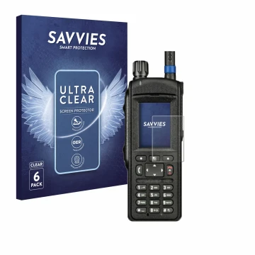 Face avant d’un emballage produit avec le logo de la marque Savvies. À côté, l’appareil Motorola MTP6650 est représenté avec l