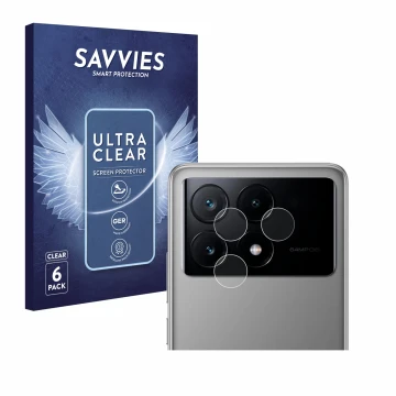 Face avant d’un emballage produit avec le logo de la marque Savvies. À côté, l’appareil Xiaomi Poco X6 Pro (Caméra UNIQUEMENT)