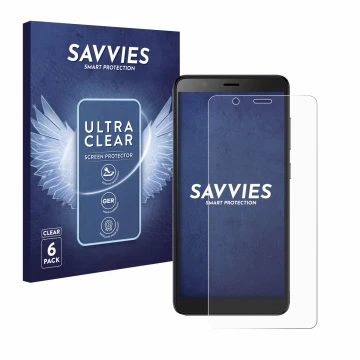 Face avant d’un emballage produit avec le logo de la marque Savvies. À côté, l’appareil ZTE Blade A32 est représenté avec la p
