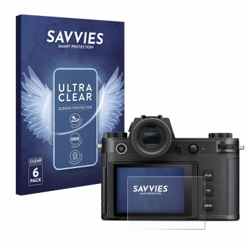 Face avant d’un emballage produit avec le logo de la marque Savvies. À côté, l’appareil Leica SL3 est représenté avec la prote