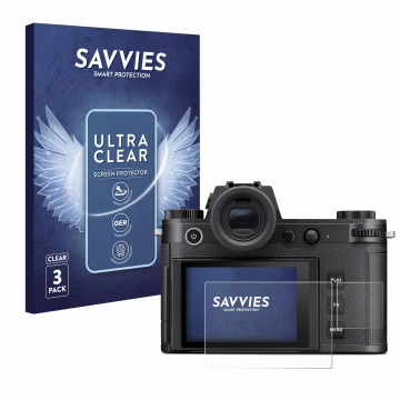 Face avant d’un emballage produit avec le logo de la marque Savvies. À côté, l’appareil Leica SL3 (Affichage + affichage des é