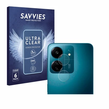 Face avant d’un emballage produit avec le logo de la marque Savvies. À côté, l’appareil Xiaomi Redmi 13C (Caméra UNIQUEMENT) e