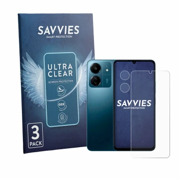 Face avant d’un emballage produit avec le logo de la marque Savvies. À côté, l’appareil Xiaomi Redmi 13C (Avant+Caméra) est re