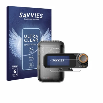 Face avant d’un emballage produit avec le logo de la marque Savvies. À côté, l’appareil DJI Mic 2 (Receiver) est représenté av