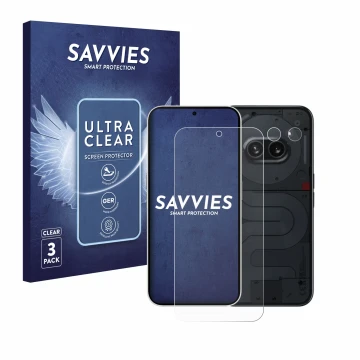 Face avant d’un emballage produit avec le logo de la marque Savvies. À côté, l’appareil Nothing Phone (2a) (Avant+Caméra) est 