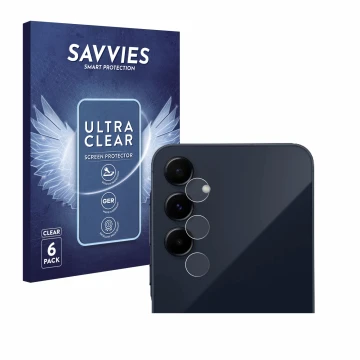 Face avant d’un emballage produit avec le logo de la marque Savvies. À côté, l’appareil Samsung Galaxy A55 5G (Caméra UNIQUEME