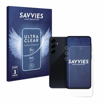 Face avant d’un emballage produit avec le logo de la marque Savvies. À côté, l’appareil Samsung Galaxy A55 5G (Avant+Caméra) e