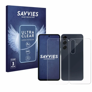Face avant d’un emballage produit avec le logo de la marque Savvies. À côté, l’appareil Samsung Galaxy A55 5G (Avant+Arrière) 