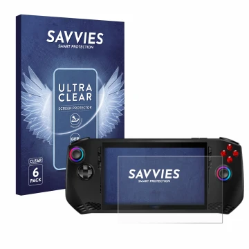 Face avant d’un emballage produit avec le logo de la marque Savvies. À côté, l’appareil MSI Claw A1M est représenté avec la pr