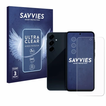 Face avant d’un emballage produit avec le logo de la marque Savvies. À côté, l’appareil Samsung Galaxy A35 5G (Avant+Caméra) e