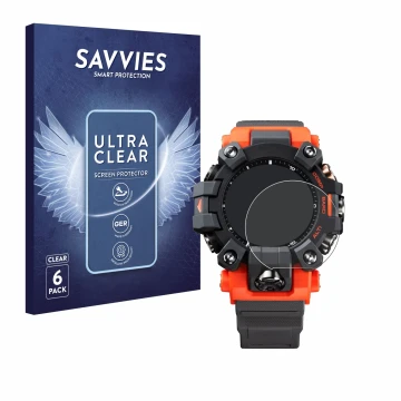 Face avant d’un emballage produit avec le logo de la marque Savvies. À côté, l’appareil Casio G-Shock GW-9500 est représenté a