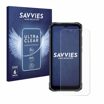 Face avant d’un emballage produit avec le logo de la marque Savvies. À côté, l’appareil Hotwav W11 est représenté avec la prot