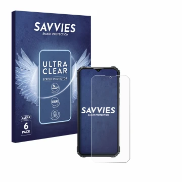 Face avant d’un emballage produit avec le logo de la marque Savvies. À côté, l’appareil Oukitel WP36 est représenté avec la pr