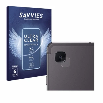 Face avant d’un emballage produit avec le logo de la marque Savvies. À côté, l’appareil Samsung Galaxy Tab S6 Lite WiFi 2024 (