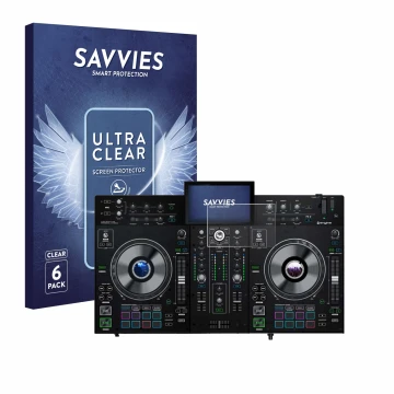 Face avant d’un emballage produit avec le logo de la marque Savvies. À côté, l’appareil Denon DJ Prime 2 est représenté avec l