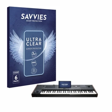 Face avant d’un emballage produit avec le logo de la marque Savvies. À côté, l’appareil KORG Pa5X est représenté avec la prote