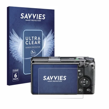Face avant d’un emballage produit avec le logo de la marque Savvies. À côté, l’appareil Ricoh GR IIIx HDF est représenté avec 