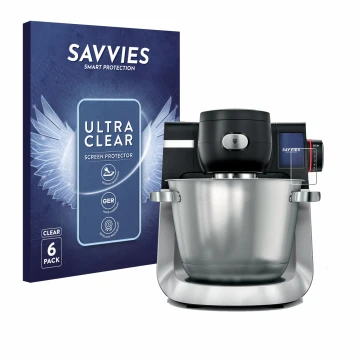 Face avant d’un emballage produit avec le logo de la marque Savvies. À côté, l’appareil Bosch MUM Serie 6 est représenté avec 