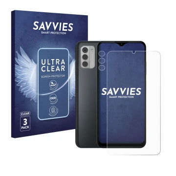 Face avant d’un emballage produit avec le logo de la marque Savvies. À côté, l’appareil Nokia G42 5G (Avant+Caméra) est représ