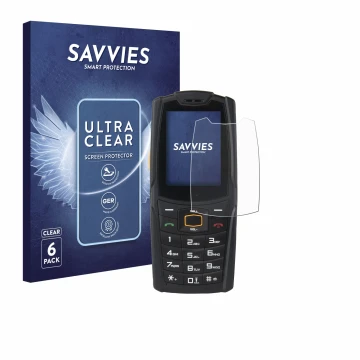 Face avant d’un emballage produit avec le logo de la marque Savvies. À côté, l’appareil AGM M6 est représenté avec la protecti