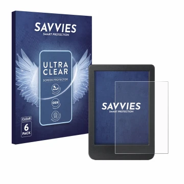 Face avant d’un emballage produit avec le logo de la marque Savvies. À côté, l’appareil Kobo Clara BW est représenté avec la p