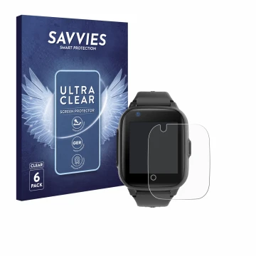 Face avant d’un emballage produit avec le logo de la marque Savvies. À côté, l’appareil Leotec Kids Allo Plus 4G est représent