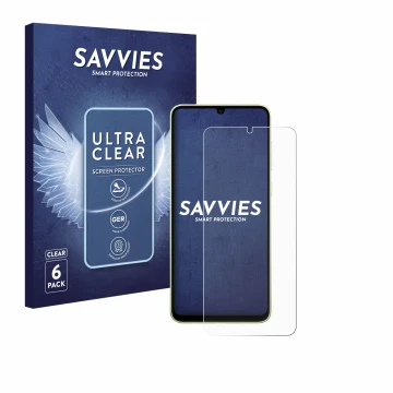 Face avant d’un emballage produit avec le logo de la marque Savvies. À côté, l’appareil Samsung Galaxy A05 est représenté avec