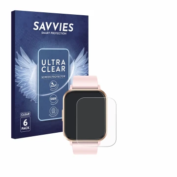Face avant d’un emballage produit avec le logo de la marque Savvies. À côté, l’appareil walkbee Smartwatch 1.83